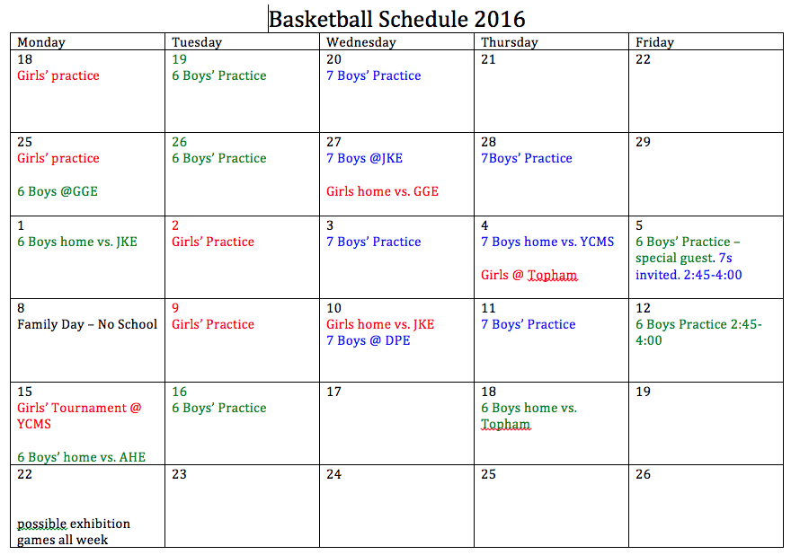 B-Ball Schedule WLE